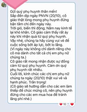 Xôn xao tin nhắn cô giáo gửi phụ huynh học sinh 'đừng bận tâm' chuyện quà 20-10